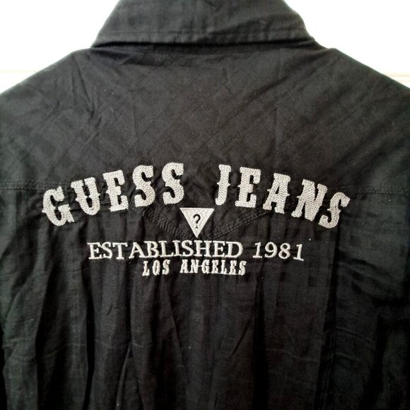 Guess Jeans M Black Plaid Long sleeve Pearl Snap Western Shirt Embroidered - Picture 1 of 9
